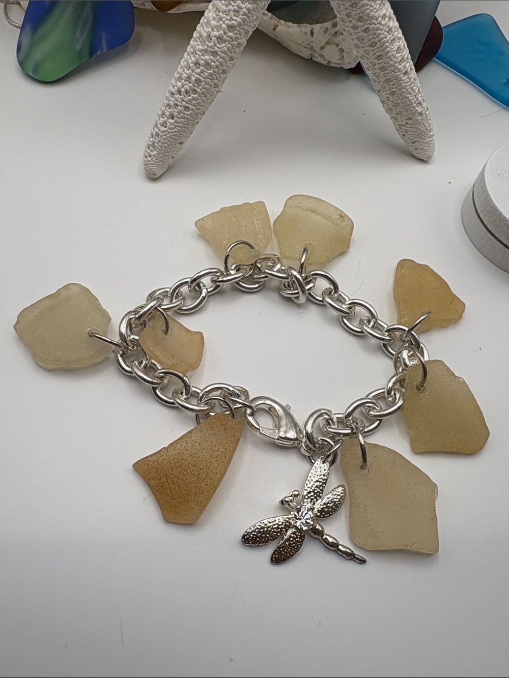 Sea Glass Dragonfly Charm Bracelet - Cream/Tan